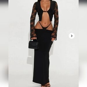 Fashion Nova Black Cutout Lace-Sleeve Maxi Skirt Set